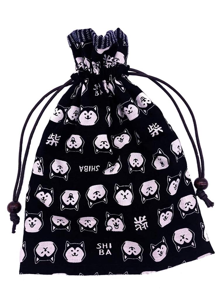 Drawstring bag with Japanese Shiba Inu x made in perfect for stamp book stamp book and other Japanese lining, pattern, Black, handmade, Japan, bags,