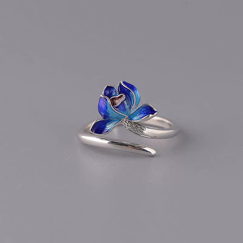 Retro Thai Silver Blue Enamel Lotus Flower Adjustable Rings For Women Fashion New Jewelry Gift Party Wholesale anillos