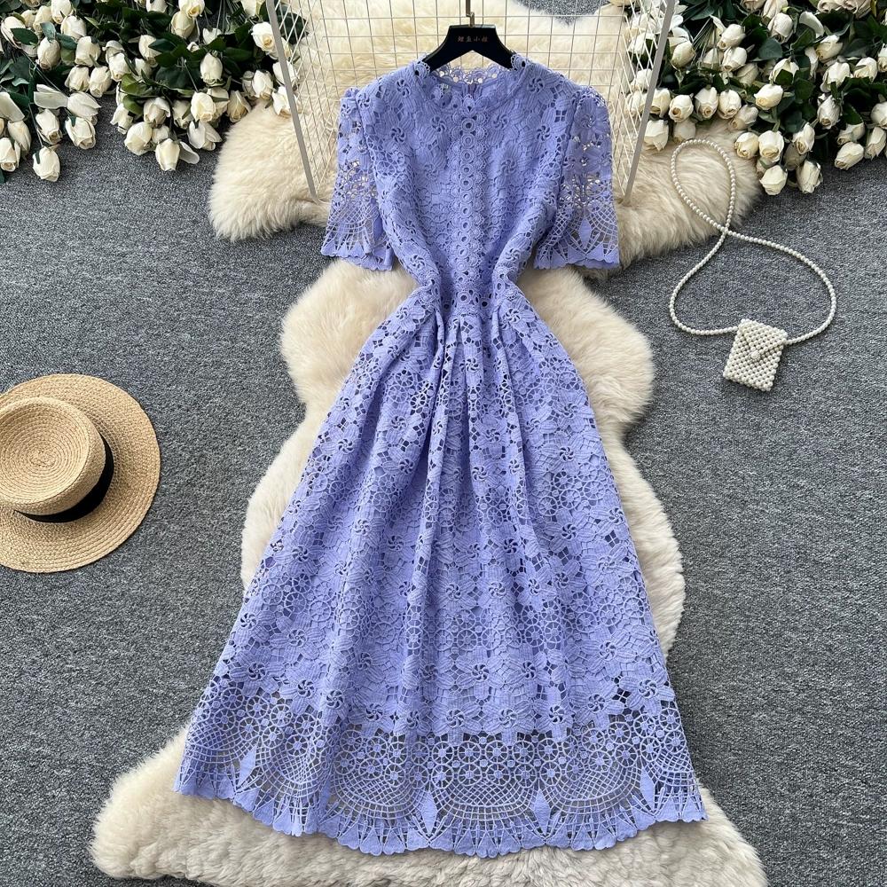 Abito Midi Elegante da Donna con Ricami in Pizzo, Manica Corta, Vita Alta, Linea ad A, Estivo, Casual, da Festa, per Matrimonio, da Vacanza, da Spiaggia