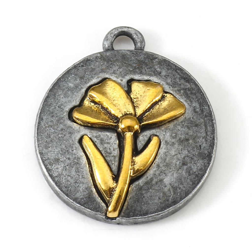 10pcs Vintage Birth Month Flower Charms Antique Gold Color Round Flower Pendants DIY Necklace Women Party Jewelry 20mm x 17.5mm