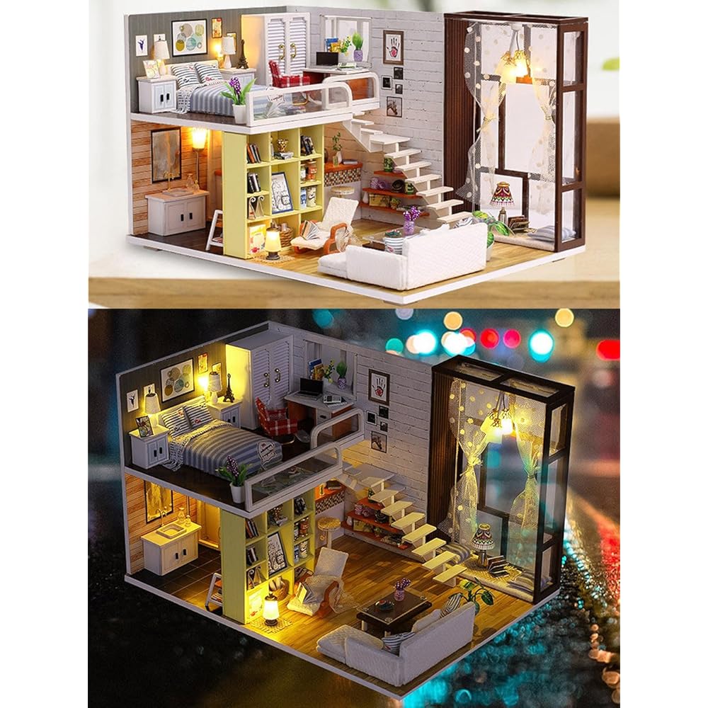 Caro Dollhouse Miniature DIY Kit Modern Two-Story House with LED Light and Acrylic Case Interior Model Room