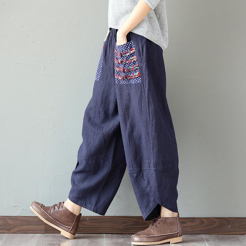 Spring Ethnic Style Patchwork Cotton Hemp Wide Leg Pants Loose Pants for Ladies