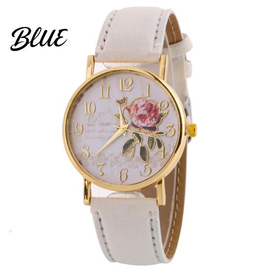 Women Arabic Number Rose Flower Round Dial Faux Leather Band Quartz Wrist Watch