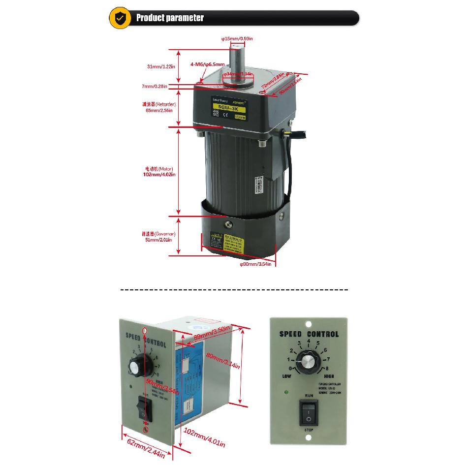 120W Micro AC Motor 110v 220v Single Phase Asynchronous Motor Gear Motor 15mm Motor Shaft+ Speed Controller 5RPM-1350RPM 50/60hz