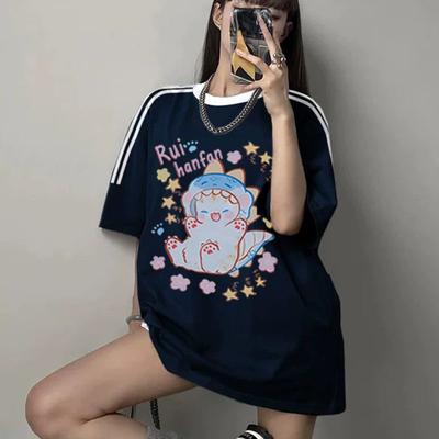 Vasaras jauka multfilma Drukāt T krekls Sieviešu apģērbi augstas kvalitātes 200G 100% kokvilna T krekls Harajuku Lielizmēra T-krekls Y2k Tops pelēks hip hop ielas apģērbs