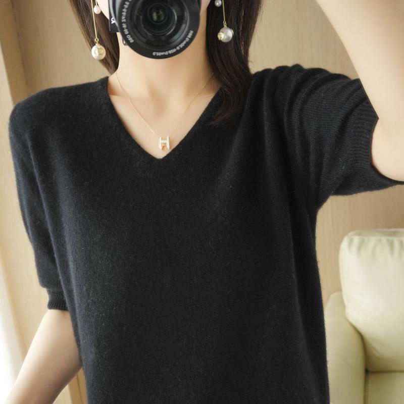 GMXIA Spring Short-sleeved Women's Fashion Sweater Sweater Knit V-neck Half-sleeved Fashion Everything Loose Base T-shirt