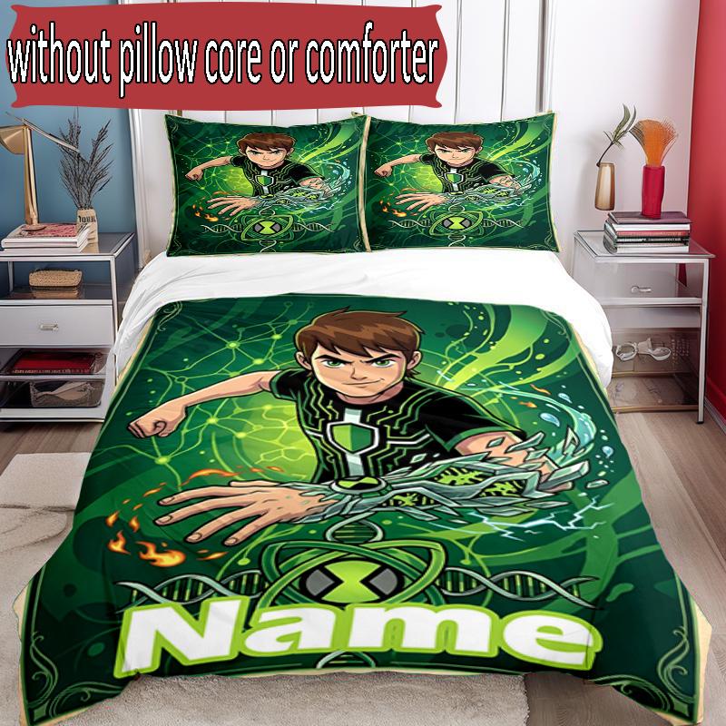 3pcs Duvet Cover Set (1*Duvet Cover + 2*Pillowcase, Without Core), Custom Name Ben 10 Cartoon Pattern Bedding Set, Home Bedroom Decor Gift