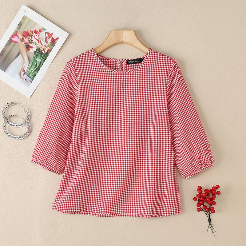 

ZANZEA Женская повседневная блузка с круглым вырезом и свободным рукавом 3/4 с сетчатым принтом M красный