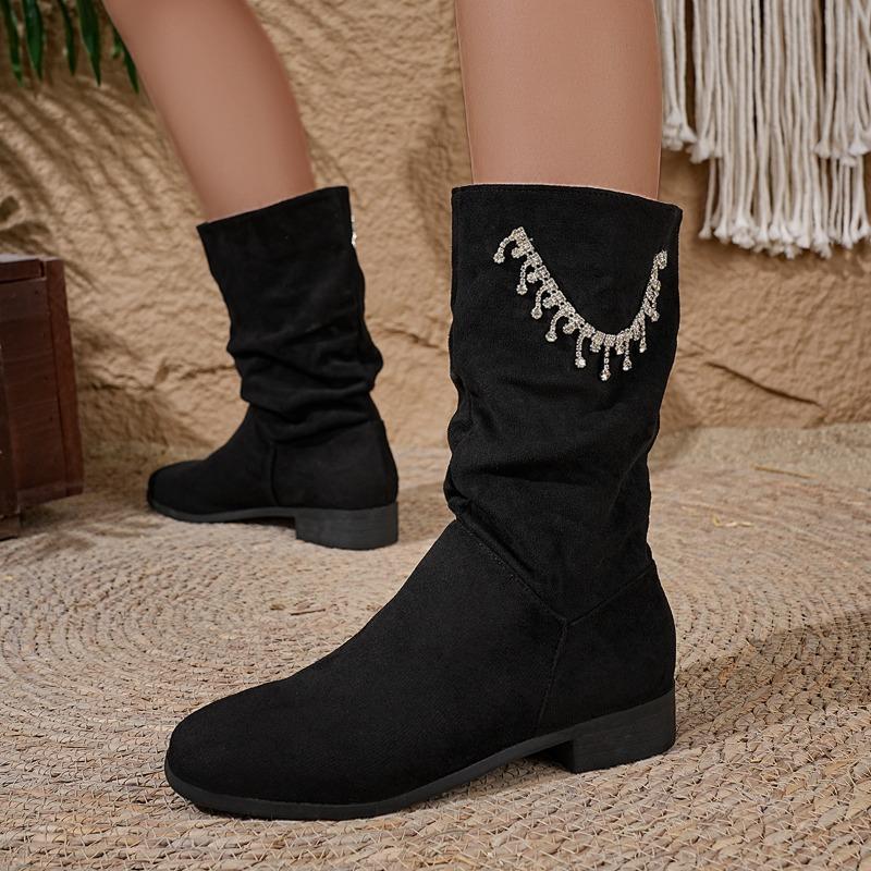 Suede Stack Boots Women's Round Toe Sleeve Rhinestone Soft Slip Anti-Wear Mid-Cylinder Boots