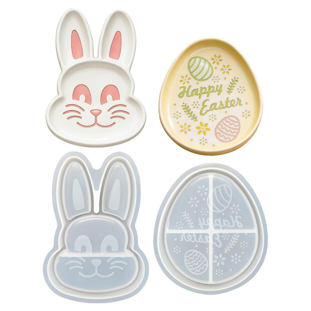 Resin Tray Molds 2 Pieces Easter Ornaments Epoxy Art Craft Rabbit Egg Shaped Trinket Tray Mold for Holiday Wedding Party Table
