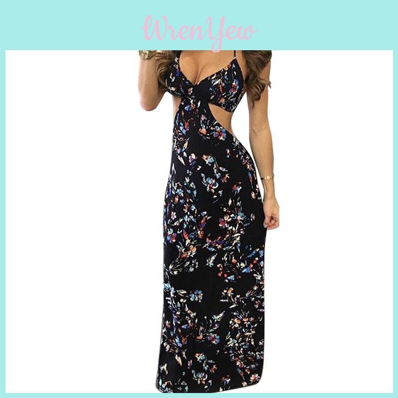 Damen Sexy Schwarzes Floral Maxikleid Mit Cut-Out Design Perfekt Für Boho Strandurlaube