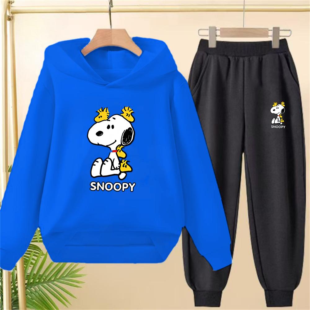 Children Snoopy Print Black Hoodie Pullover Boys Girls Coat Sweatshirt+Pants Toddler Clothes Autumn Winter Leisure Set