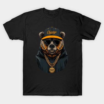 Asian Size Men Black Print T-shirt Chicago-Bears Mascot Windy City M5589 No-Cut Heat Transfer Print Cotton Tshirt
