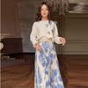 Autumn 2024 Stylish Women's Round Neck Top and Printed Skirt Two-Piece Set