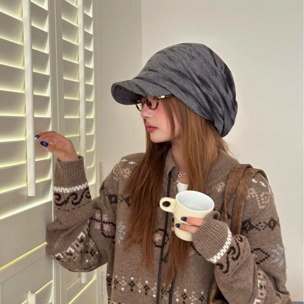 New tie-dye striped pleated piled cap women's big head circumference showing face small newsboy hat sunshade painter hat