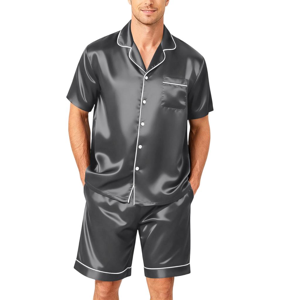 Men's Short Sleeve Button Down Pajama Set with Sleep Shorts Soft Casual Two-Piece Nightwear for Home Size S-4XL