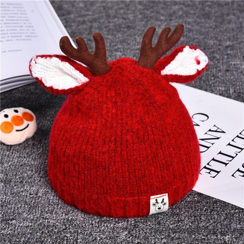 

Fall and Winter Baby Wool Cap Baby Antlers Christmas Hat Children s Knitted Hat Sleeve Cap Children s Heattech Hat Red One size