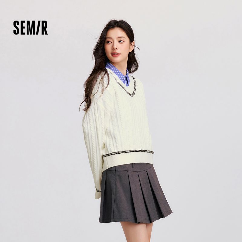 

Mori Soft Sweater | Same Style with Mall Senma Sweater Women s Twisted Jacquard 2024 Winter New Arrival Loose-Fitting V-neck Top Lazy Milk White 10501 155/80A/S