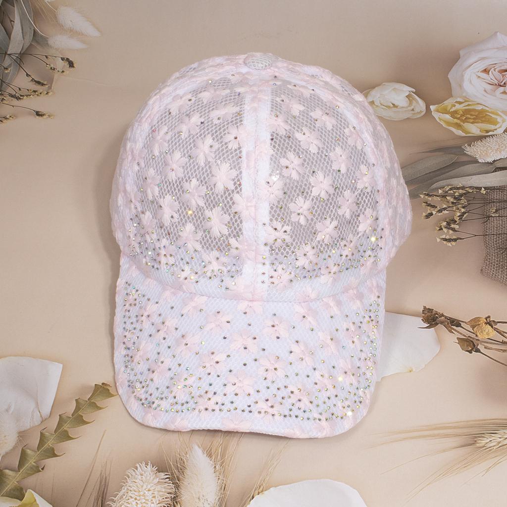 Shiny Rhinestone Lace Flower Baseball Cap Hollow Out Breathable Adjustable Ladies Spring Summer Hats