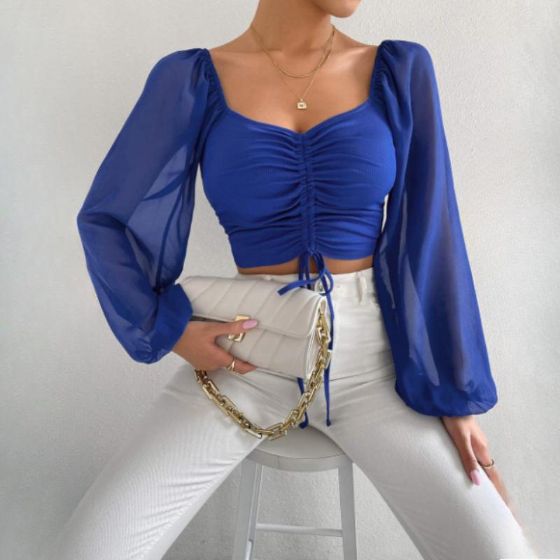 Summer V-neck Chiffon Drawstring Lantern Sleeve Tight Fashion Sexy Shirt Short Top