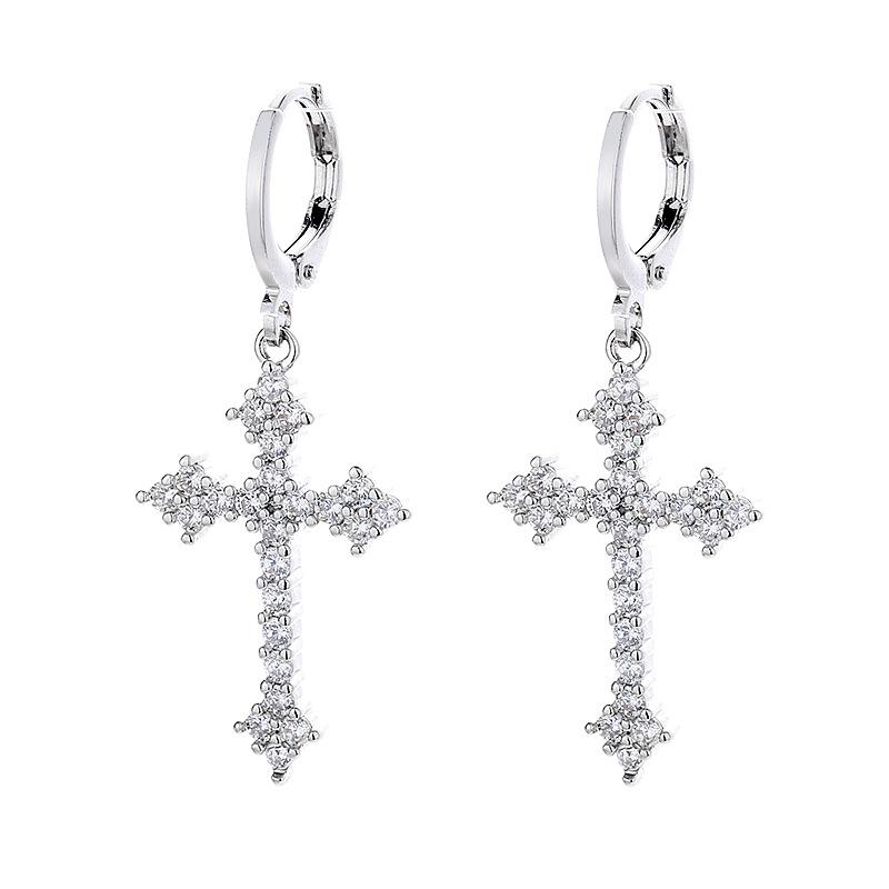 New Rhinestones Cross Earrings for Men Personality Hip-Hop Pair Stainless Steel Stud Earrings Male Women's Party Jewelry