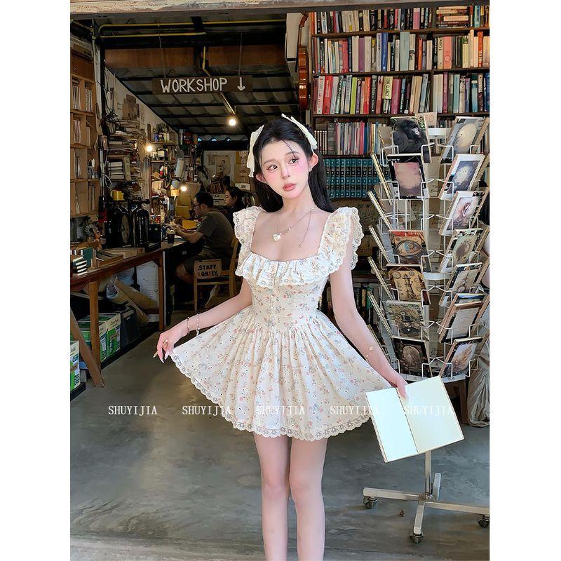 

Syj Women s A- line Skirt with Pure Desire for Wind and Waist-Tight Waist Slightly Oversized Girls Sweet Lace Floral Flying Sleeve Dress Princess skirt 2XL