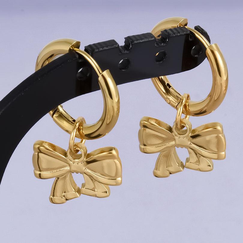 Real Gold Plated Fashion Kpop Piercing Jewelry Girl Bowknot Flower Heart Pendant Earring Stainless Steel Hoop Earrings For Women