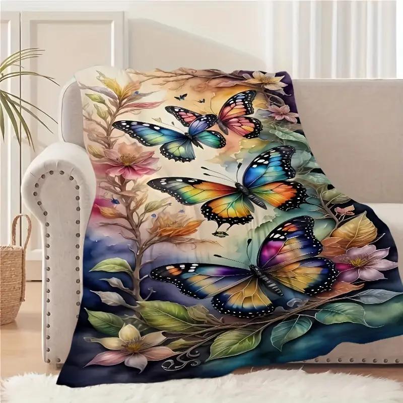 Retro butterfly pattern flannel blanket, lightweight and soft gift, nap blanket, suitable for bed, sofa, camping, travel