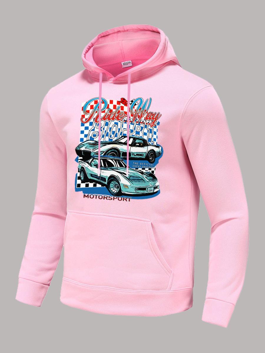 Hooded sweater autumn and winter outer sports car picture letter print hooded casual sweater XXL розовый