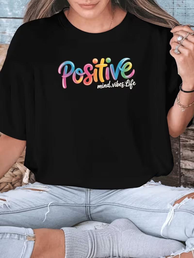 WomenS Casual TShirt with Colorful Positive Mind Vibes Life Print Short Sleeve Lightweight  Breathable  Ladies T Shirts S