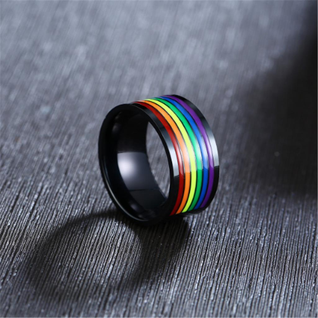 Fashion Men Stainless Steel Black Rainbow Color Ring Band Pride Gay Rings Finger Jewelry Gift