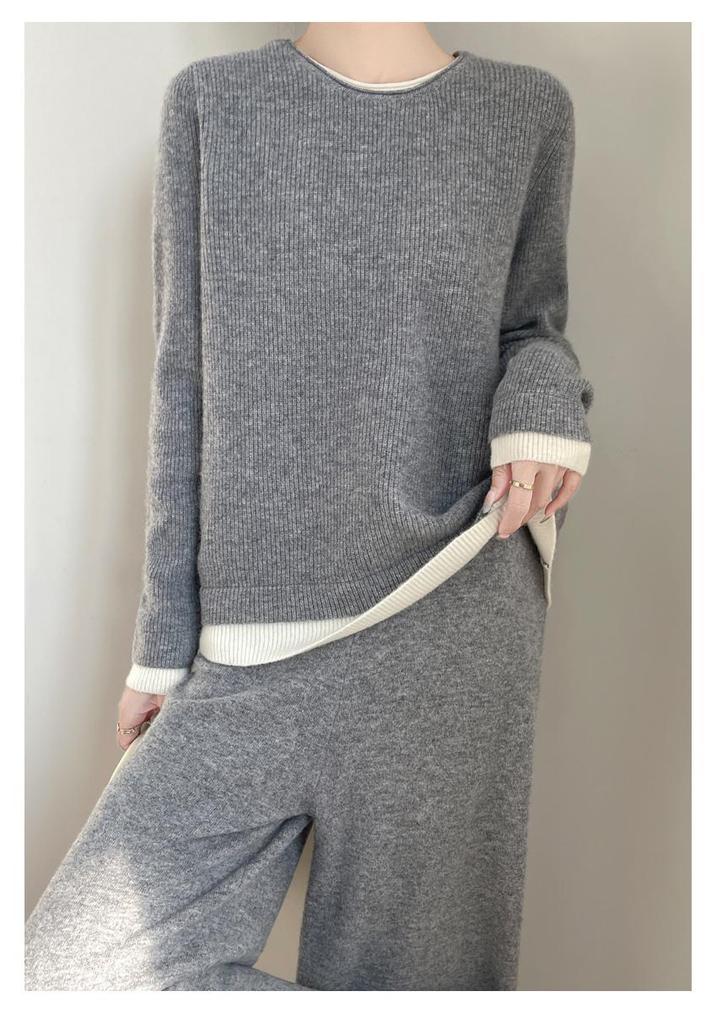 Women's 100% Wool Suit: Stylish Two-Piece Autumn/Winter Versatile Sweater & Pants Set