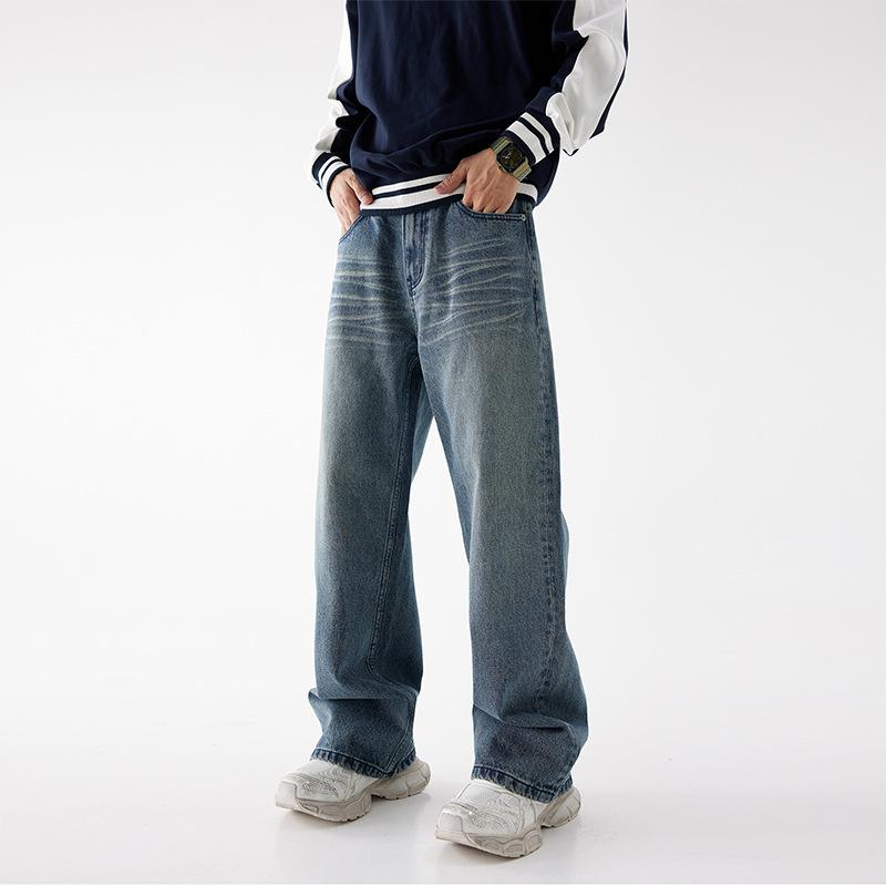 Jeans men's high street washed old men's American retro cleanfit wide-leg pants straight and thin floor-mopping trousers