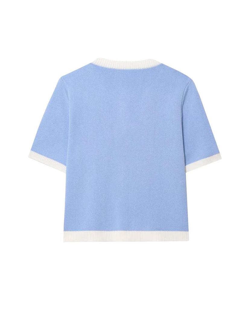 Women's European/American Color Block Knit Top, Round Neck, Short Sleeve, Autumn Collection.