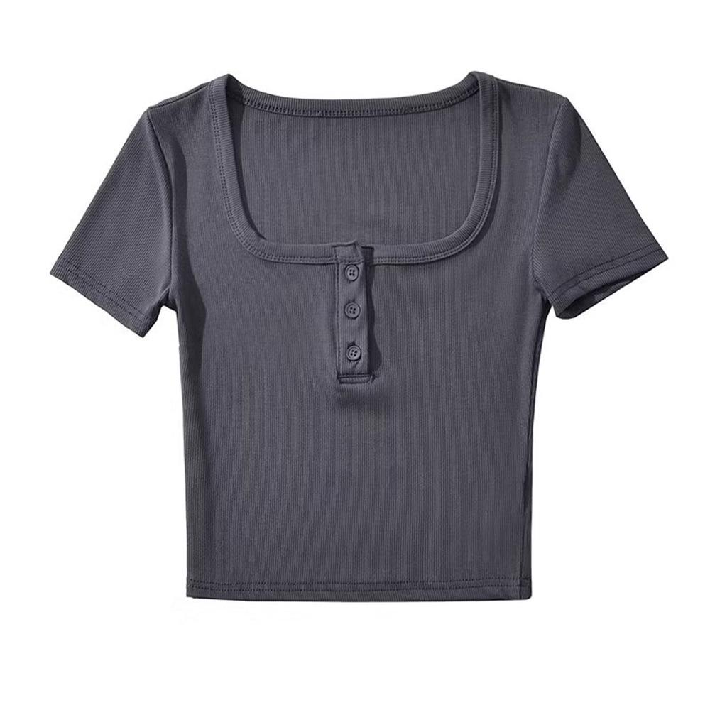 YPFF Women's Retro Square Neck Button Short Sleeve Crop Top