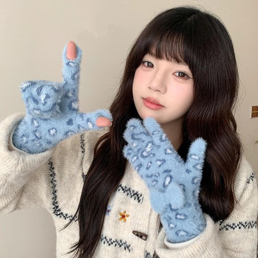 

Mink Velvet Bow Gloves Leopard Print Winter Mittens New Cold-proof Gloves Women синій