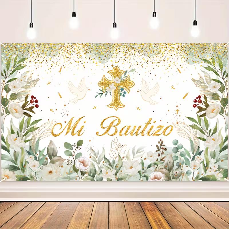2D Watercolor Floral Baptism Banner, Gold Cross & "Mi Bautizo" Backdrop, Christening Party Decor