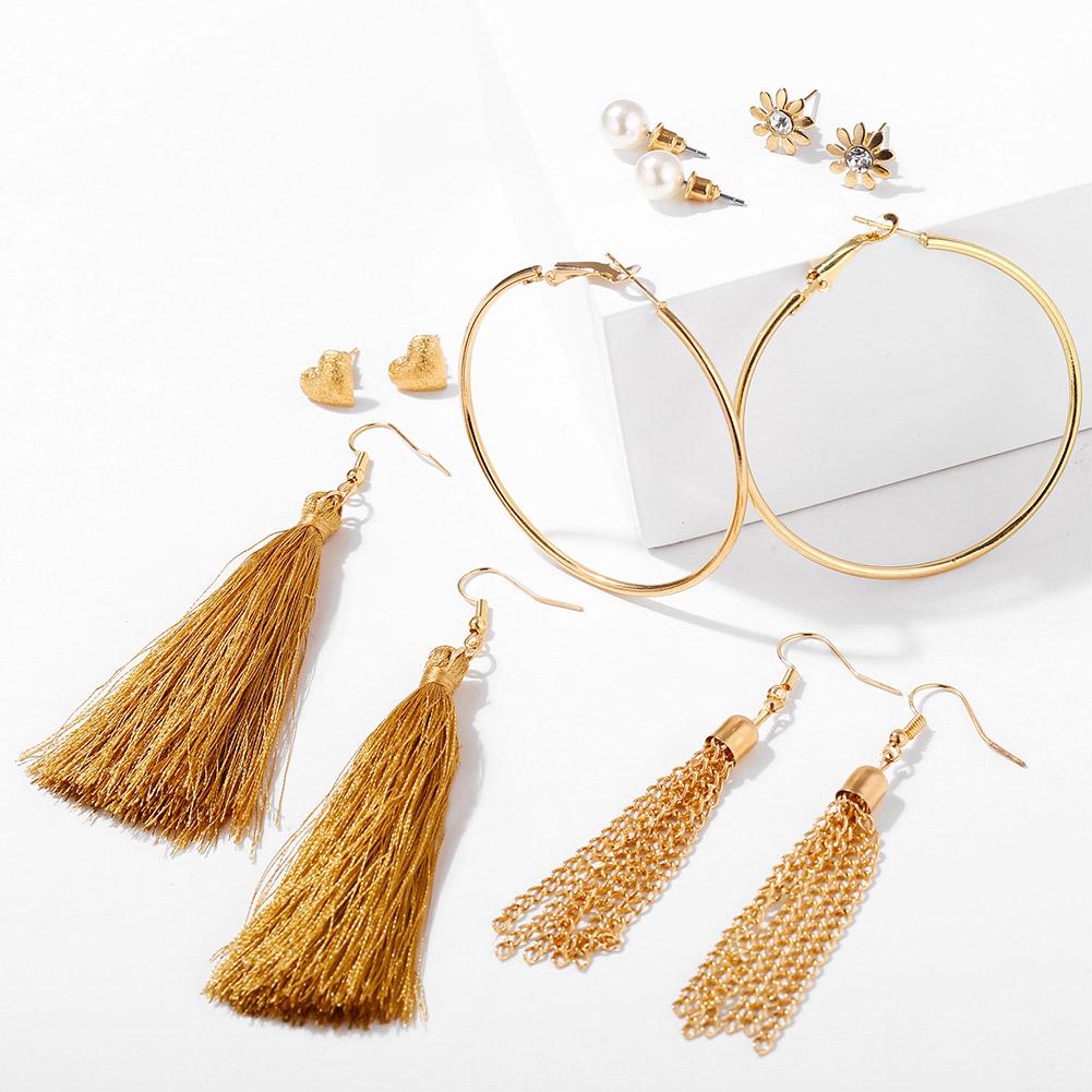 6 Pairs Women Fashion Love Shape Big Circle Tassel Ear Stud Set