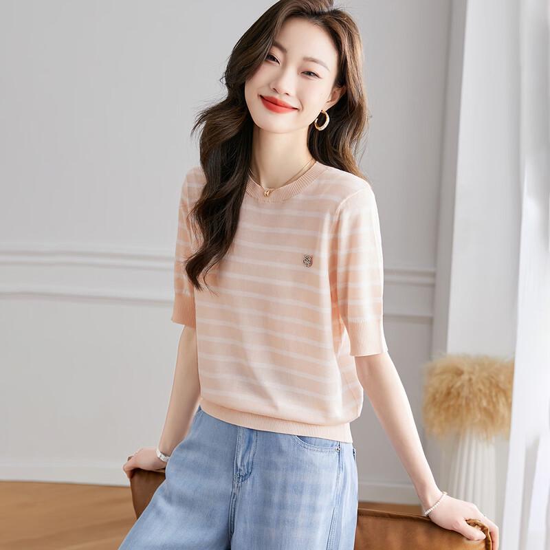 

Srcr Women s Mulberry Silk Blend Striped Short-Sleeve Knit T-Shirt L