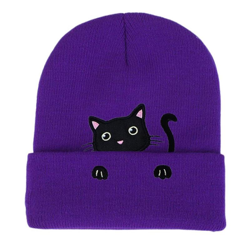 Winter Female Cat Embroidered Bonnets Cute Cat Acrylic Knitted Hats Soft Warm Beanies For Women Men