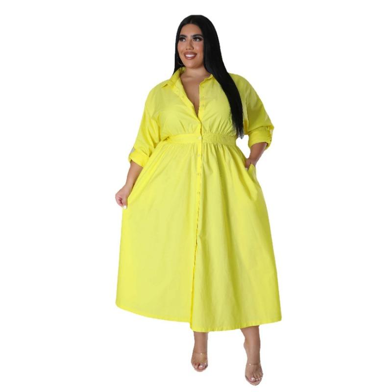 

Платье-рубашка большого размера для женщин с длинным рукавом, однотонное, весна-осень 5XL флуоресцентный желтый