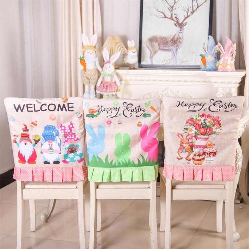 Rabbit Gnome Chair Back Cover Easter Holiday Party Ruffle Hem Chair Slipcover Washable Linen Furniture Protective Cover