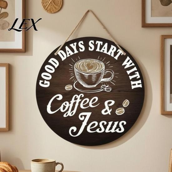 Coffee Shop Wall Art Wooden Bar Signs, Rustic Themed Hanging Sign, Cup Vintage Style Kitchen Shape & Round Wood Plaque for Farmhouse Decor