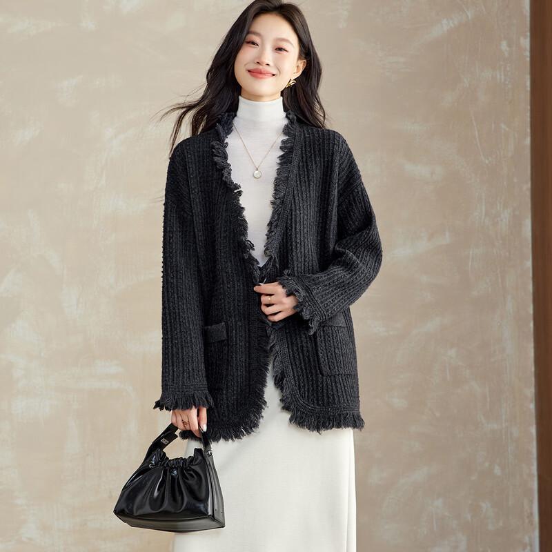 Srcr Women s Thick Pure Wool Tassel Knit Cardigan L