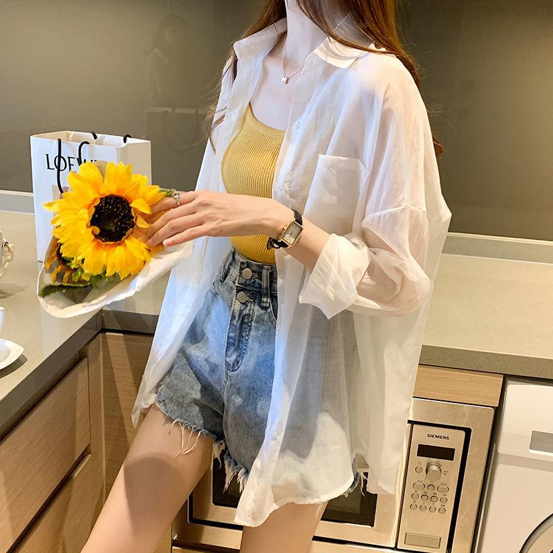 Summer Women's Chiffon Shirt Sun Protection Shirt Breathable Solid Color Shirt Loose Mid Length Top