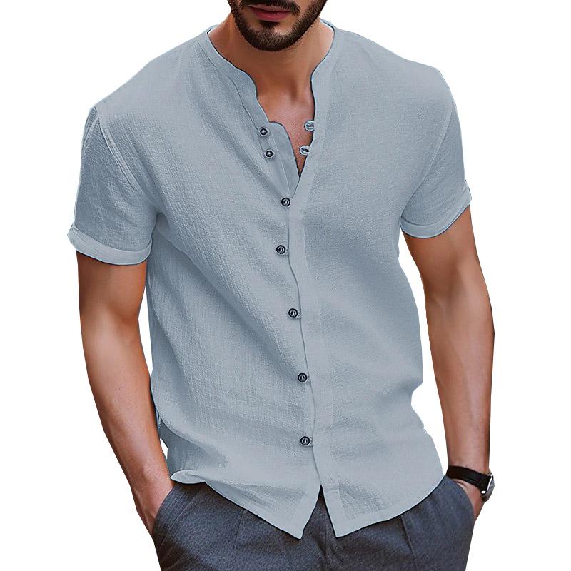 Letnia biała koszula męska bawełniane lniane topy męskie guziki z krótkim rękawem jednokolorowe niebieskie czarne koszule