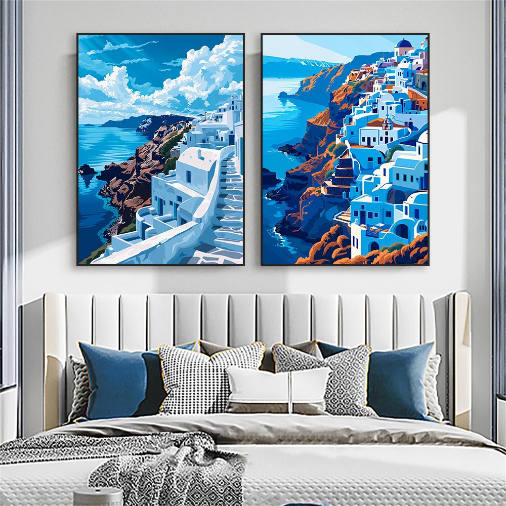 Greek Island Coastal Blue Sea Art Poster Classical Santorini Landscape Print Greece Seascape Canvas Painting Mediterranean Decor