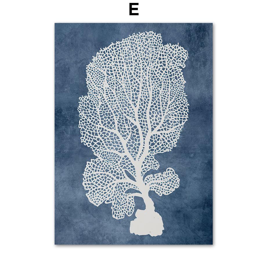 Marineblaue Meereskorallen-Algen-Wand-Kunst-Leinwand-Malerei, nordische Poster und Drucke, Strandhaus-Wandbilder für Wohnzimmer-Dekor