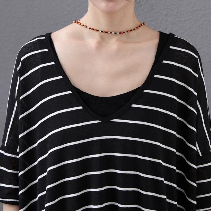 Plus Size T-skjorte stripete flaggermus-ermet mellomlang kortermet kjole