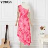 VONDA Women One Shoulder Sleeveless Twisted Waist Floral Print Irregular Holiday Dress